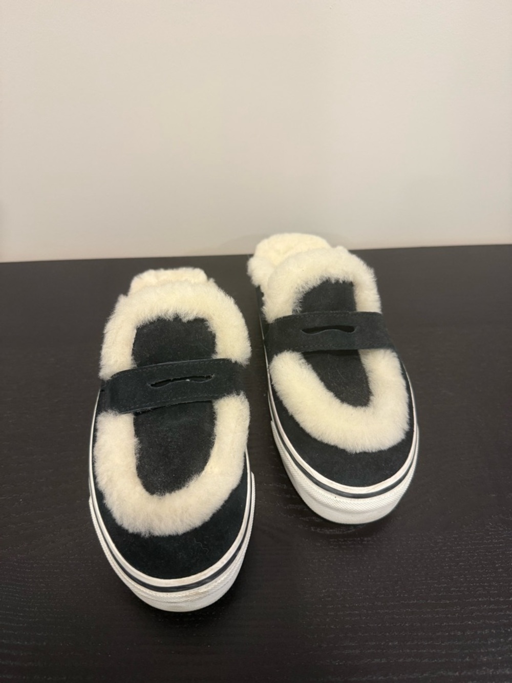 Vans - Black Suede Slip-On Loafers with Cream Shearling Trim